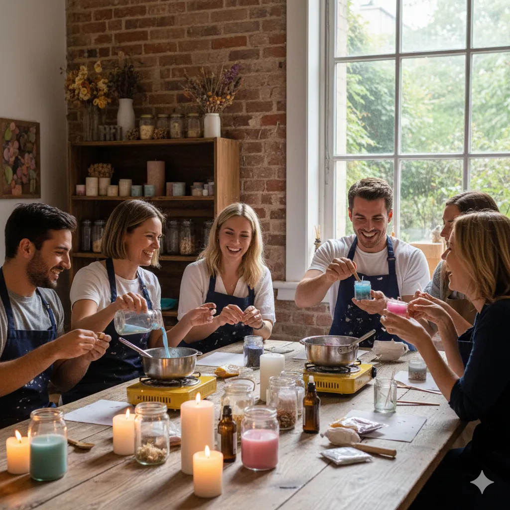 Groep vrienden die samen genieten van een kaarsenmaak workshop